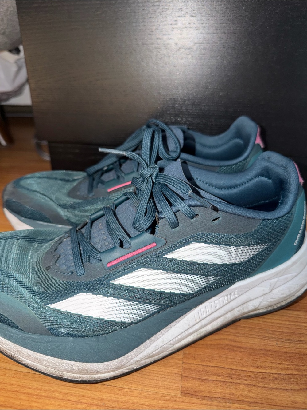 adidas Women's Teal Athletic Shoes with White Stripes and Pink Accents